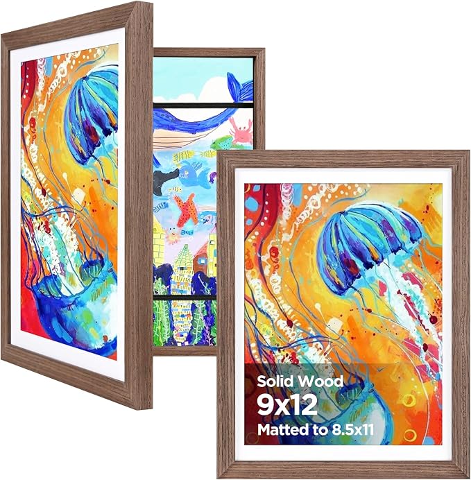 KINLINK 9x12 Kids Art Frame 2 Pack, Solid Wood Artwork Frames Changeable, Front Opening Hold 150 Pictures, Art Frames for Kids Artwork, 8.5x11 with Mat 9x12 without Mat, Picture Frames Brown Wood