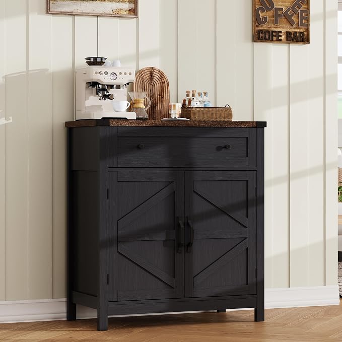ChooChoo Kitchen Storage Cabinet, Coffee Bar Cabinet, Farmhouse Buffet Sideboard with Drawer for Kitchen, Living Room, Black