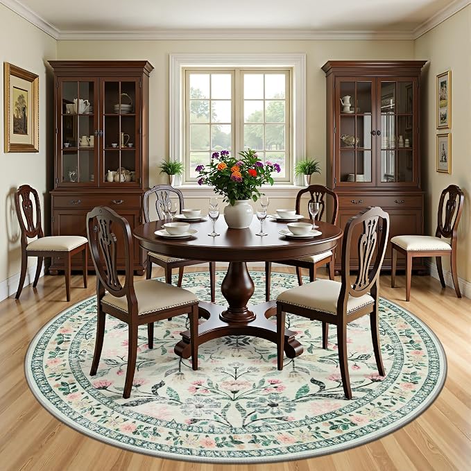 Round Area Rug for Living Room: 8 ft Floral Washable Circle Rug Soft Boho Non-Slip Carpet Indoor Floor Stain Resistant Low Pile Small Circular Rug for Bedroom Entryway Kitchen Nursery Green/Beige