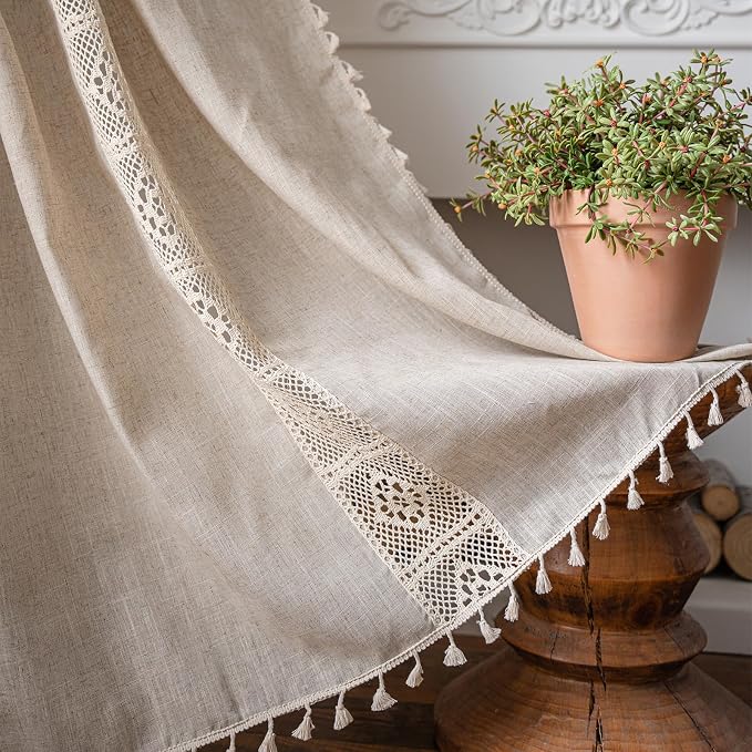 OYX Boho Curtains 63 Inch Crochet Lace Patchwork Light Filtering Bohemian Handmade Tassels, Rod Pocket Window Treatment Vintage Rustic Farmhouse Curtain for Kitchen Bathroom, 2 Panel, Beige