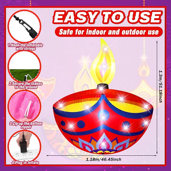 VIHOSE 4.27 ft Happy Diwali Inflatables Outdoor Decorations Diyas Oil Lamp Blow up Yard Decor Tea Light Style Indian Diwali with Built in LED Lights for Hindu Party Deepavali Home Garden Yard Lawn