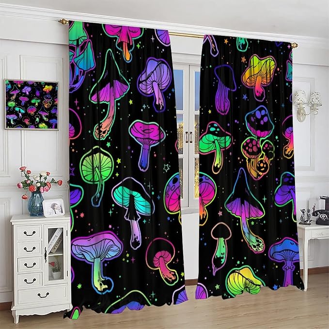 Mushroom Blackout Curtains Colorful Cartoon Plant Print Window Treatments for Bedroom Living Room Kitchen Fantasy Psychedelic Mushroom Window Drapes 2 Panels Set,Total Size 42 x 45 Inch