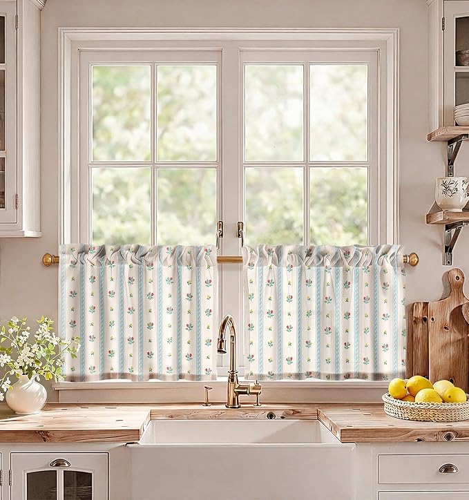 Miss Adola Farmhouse Kitchen Tier Curtains - 18 Inch Length Linen Blend Boho Cafe Curtains Blue Floral Small Window Treatments Over Sink Rod Pocket for Bathroom Living Room Light Filtering, 2 Panels