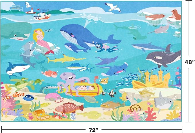 4x6 Ocean Rug for Kids Playroom – Sea Life Learning Carpet with Mermaid, Submarine & Whales, Soft Washable Stain Resistant Playful Area Rug for Kids, Educational Underwater Theme Carpet