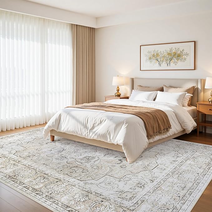 8x10 Area Rugs for Living Room:Beige Washable Vintage Medallion Carpet Non-Slip Soft Low Pile Large Rugs Indoor Retro Rug for Bedroom Nursery Dining Table Office Home(Beige White, 8'x10')