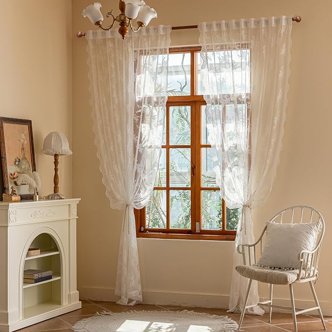 MEETSKY White Lace Curtains 63 Inch Length, Sheer Lace Curtain for Bedroom, Floral Vintage Light Filtering Short Curtains for Princess Room Living Room, Lace Drapes 2 Panels, Each Panel 50W x 63L