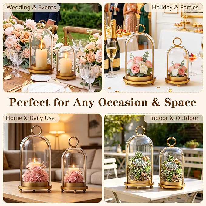 Hurricane Glass Candle Holders Set of 2 with Brass Base (9.8" & 8.1") | Cloche Glass Dome,Vintage Brass Finish,Thickened Glass Cloche,Hang or Display,Steady 3-Point Base,Vintage Farmhouse Decor