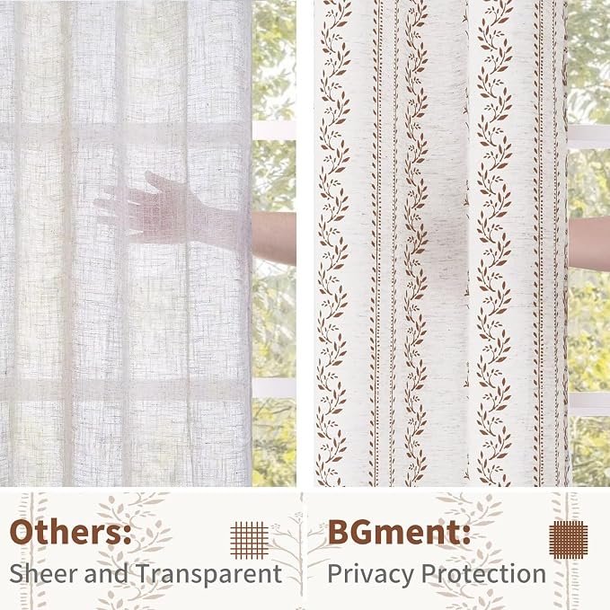 BGment Brown Boho Curtains Leaf Floral Print Cottage Core Botanical Curtains for Living Room Light Filtering Curtain 90 Inch Long for Farmhouse Rustic, Each 52 Inch Wide, 2 Panels Set