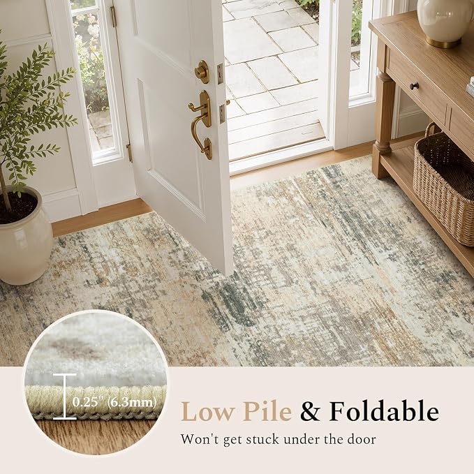 Rugflix 5x7 Area Rugs for Living Room, Washable Large Rug Stain-Resistant Low Pile, Modern Neutral Carpet for Dining Room Home Office Kid Room Nursery Bedroom, Brown Black Beige
