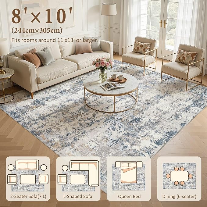 Area Rugs 8x10 Living Room: Washable Large Abstract Modern Neutral Soft Rug Stain Resistant Non-Slip Backing Carpet for Bedroom Dining Room Indoor Nursery Dorm Home Office Decor - Grey Blue