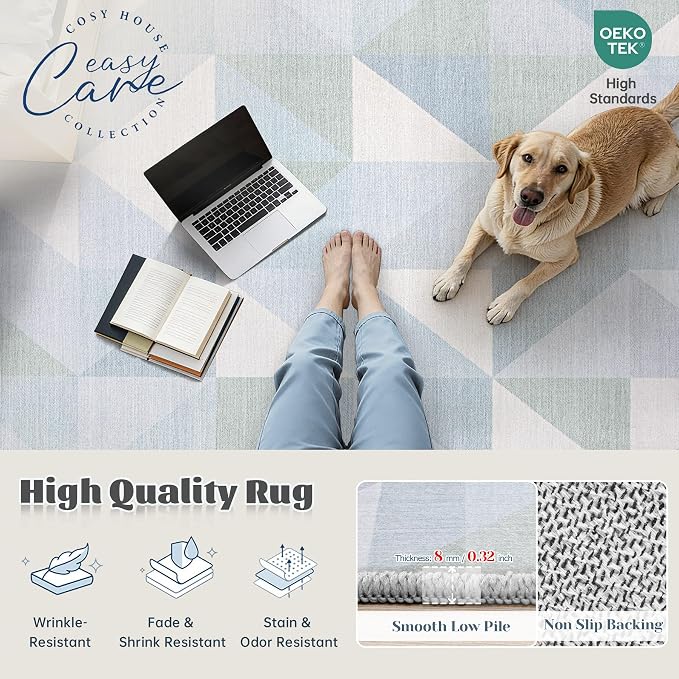 Washable Rug 5x7 Area Rugs: Modern Geometric Area Rug for Living Room Non-Slip Neutral Soft Carpet Low Pile Stain Resistant Indoor Rugs for Bedroom Nursery Dining Room Office (Light Blue, 5'X7')