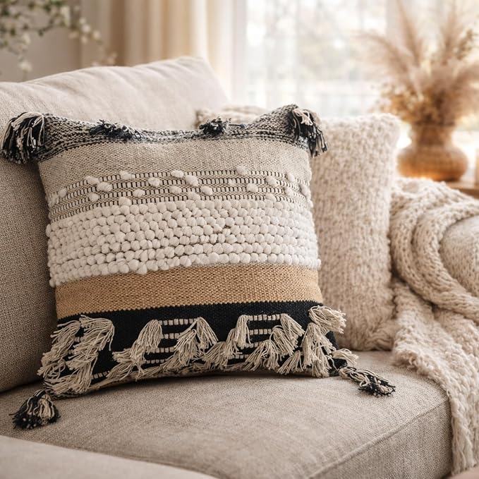 Throw Boho Pillow Cover, 18”x18” Bohemian Moroccan Rustic Decorative Pillows with Tufted Accents, Plush Handwoven Cotton, Textured Woven Neutral Farmhouse Scandinavian Home Decor