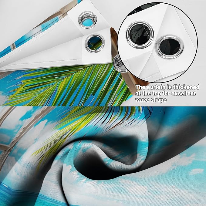 Ocean Beach Blackout Curtains Seaside Palm Tree Shell Starfish Decor Coast Sunshine Blue Sky Summer Curtain Women Men Girls Boys Bedroom Living Room Darkening Grommet Window Drapes 2 Panels, 52"x84"