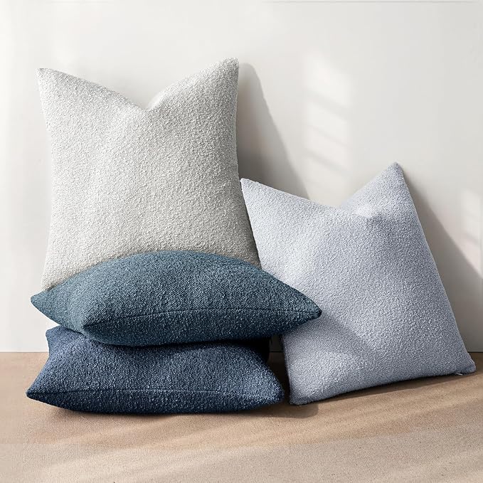 MIULEE Pack of 4 Decorative Textured Boucle Throw Pillow Covers | 18x18 Inch Neutral Blue Accent Solid Pillow Cases Couch Cushion Covers for Modern Farmhouse Boho Bed Livingroom Home Decor
