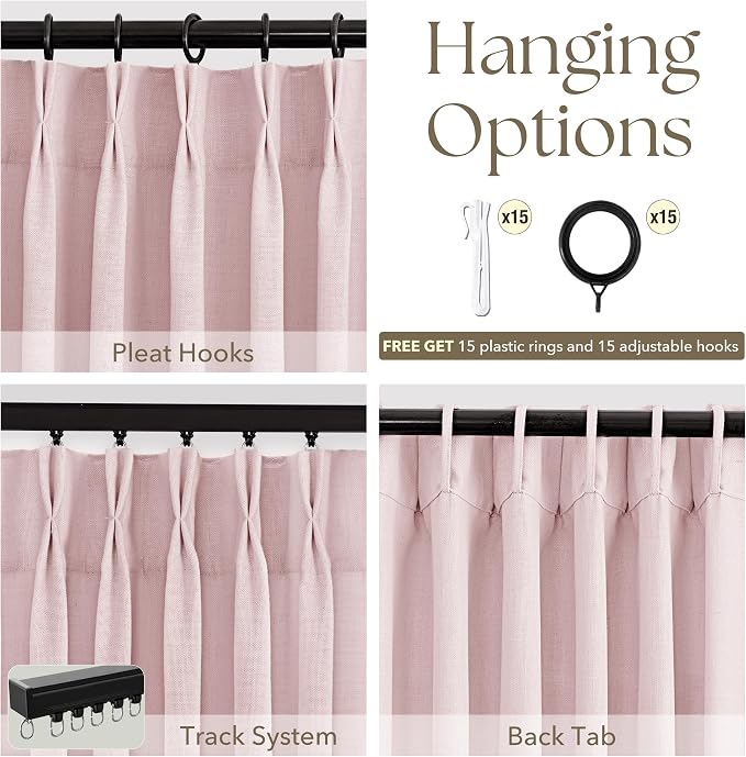 Blush Pink Pinch Pleated Linen Curtains 84 Inch Long for Living Room Bedroom Textured Pink Semi Sheer Drapes Pinch Pleat Rings Window Curtain Girl Room Nursery Decor 40x84 Inches, 2 Panels