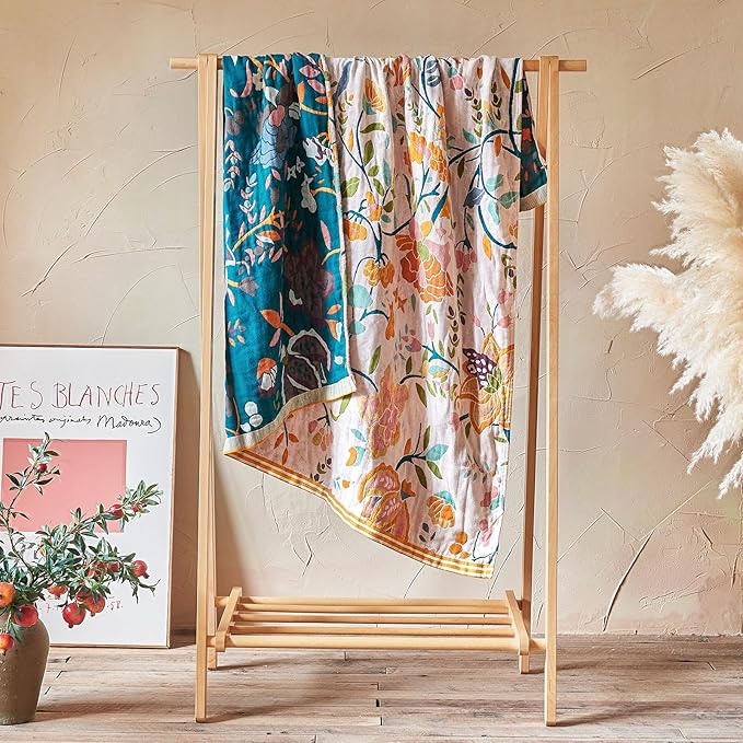 Boho Throw Blanket - 60"x80" 100% Cotton Ultra Soft Lightweight Blanket, 4-Layer Breathable Muslin Spring Blankets for Bed Couch, Reversible Green Floral Printed Bohemian Cotton Quilt
