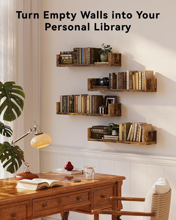 Floating Bookshelves for Wall - Wall Mounted Bookshelf Set of 4, U-Shaped Hanging Bookshelf for Bedroom, Living Room & Office, Wall Book Shelf for Home Decor & Storage (4, Rustic Brown, 17 Inches)