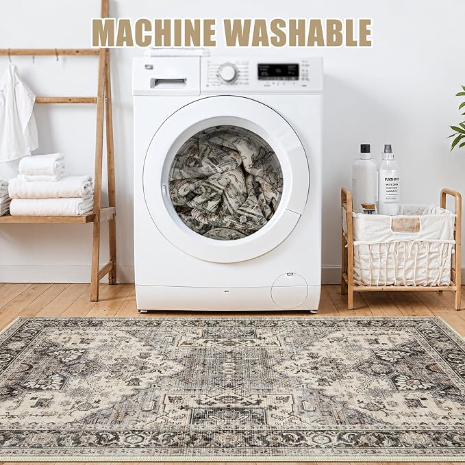 Area Rug for Living Room - 6x9 Soft Machine Washable Oriental Vintage Floral Distressed Large Indoor Floor Carpet for Bedroom Under Dining Table Home Office Decor - Brown