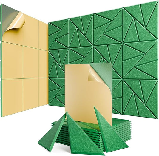 12 Pack Acoustic Panels with Self-Adhesive, 12"X 12"X 0.4"Sound Proof Foam Panels, Sound Panels High Density, Soundproof Wall Panels for Home Studio Office Green