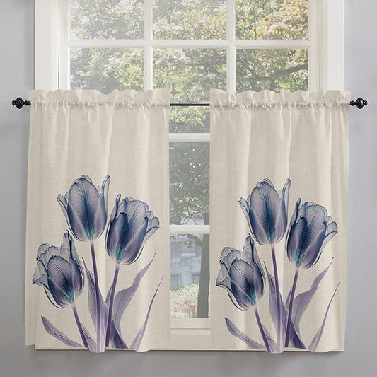 Kitchen Tier Curtains 45 inches Length,Abstract Transparent Blue Flower Tulip Cotton and Linen Texture Curtains for Living Room Bath,Rod Pocket Light Filter Drapes Half Window Treatment Tiers 2 Panels