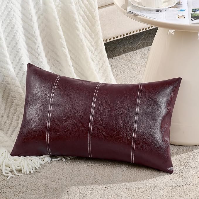 Fancy Homi Burgundy Long Lumbar Faux Leather Decorative Throw Pillow Covers 14x24 Inch for Outdoor Couch Bed, Modern Farmhouse Boho Home Decor, Wine Red Hand Stitched Cushion Case 35x60 cm