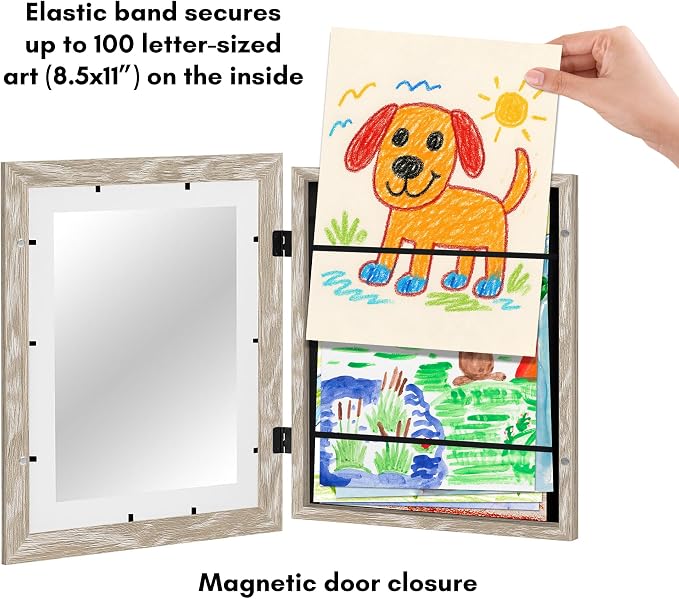 Americanflat Kids Artwork Frame Changeable (Driftwood) - Magnetic Door Holds 100 Art Pieces - 8.5x11 Letter Size Display with Mat or 10x12.5 Without Mat - My Mini Masterpiece