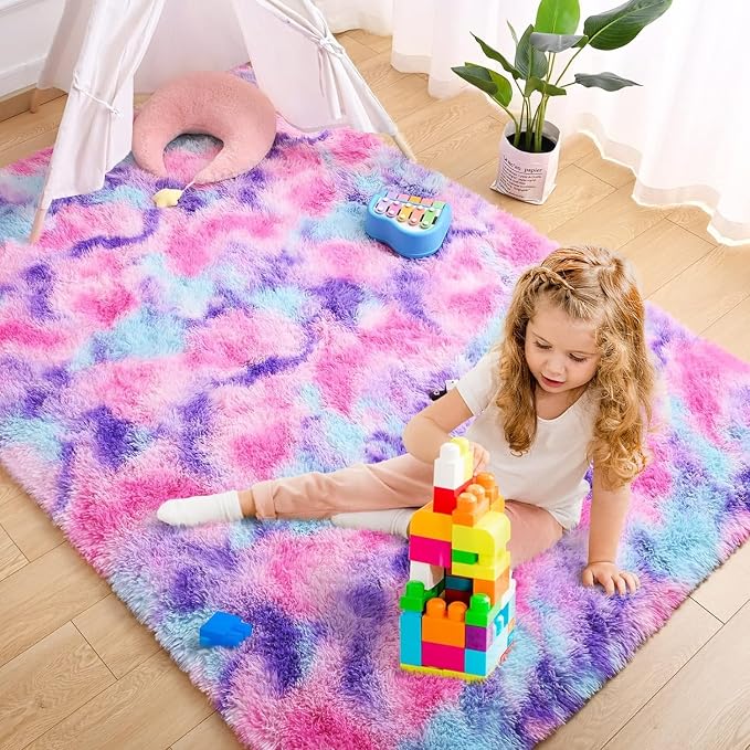 AROGAN 8x10 Feet Soft Rainbow Area Rugs for Kids Girls Room, Fluffy Cute Colorful Princess Carpet for Kids Teens Nursery Toddler,Bedroom, Hot Pink
