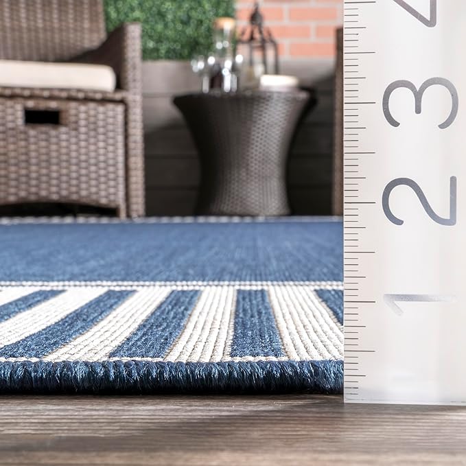 Nuloom Asha Navy/Ivory, 8' Square, Casual, Striped Border, Soft and Cozy, High Traffic, Easy Clean, Durable Area Rug for Indoor/Outdoor Patio, Deck, Porch, Garden, Courtyard