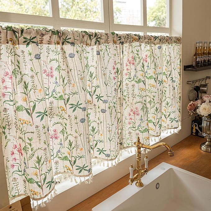 Deeprove Boho Valance Curtain 18 Inch with Handmade Tassel, Herbs Print Textured Kitchen Window Small Short Tier for Living Room Bedroom Farmhouse Cottage Shabby Style Privacy 1 Panel 52W x 18L