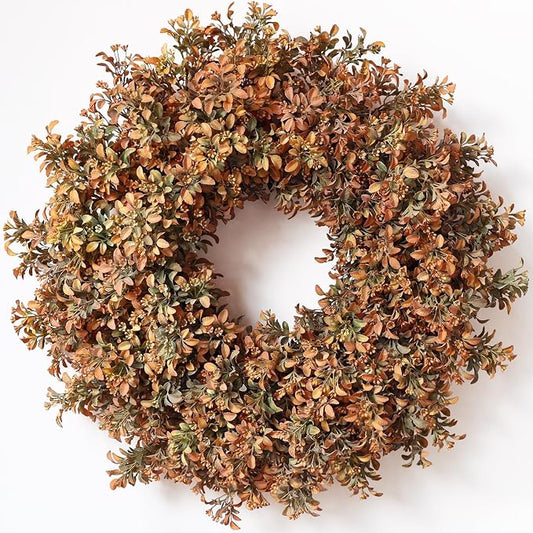 26" Artificial Fall Boxwood Wreath for Front Door Decor(Autumn Orange) | Large Wreath,Gradient Orange Leaves,Faux Aglaia Odorata Wreath,Window Wall Farmhouse Outdoor Decor for Harvest Thanksgiving