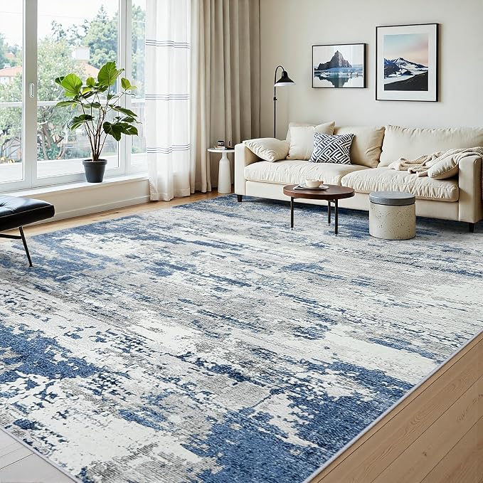 Area Rugs 8x10 Living Room: Large Soft Washable Rug Modern Abstract Anti-Skid Non-Shedding Carpet Indoor Floor Thin Carpets for Bedroom Dining Room Farmhouse Nursery Home Office Grey Blue