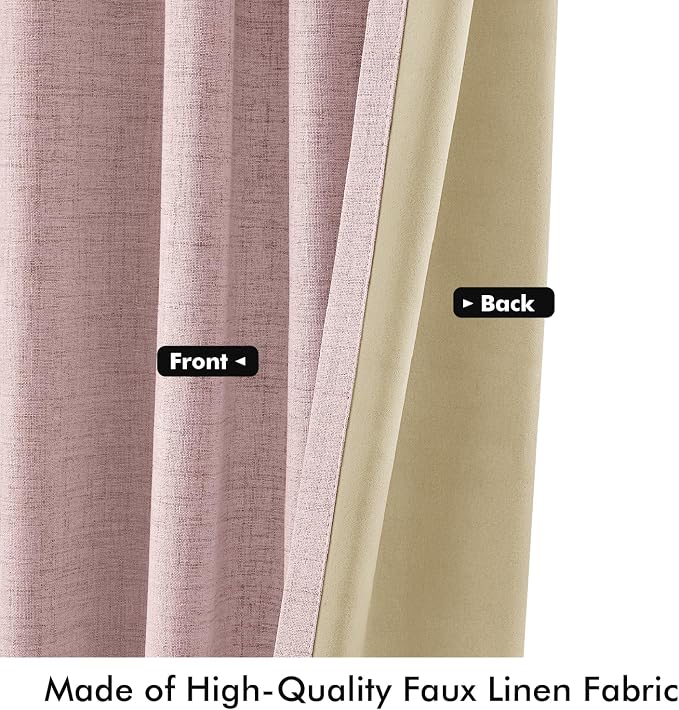 MIULEE 100% Blackout Linen Curtains for Bedroom, Pink Solid Luxury Decor Thermal Insulation Room Darkening Drapes for Living Room Back Tab Rod Pocket 42 x 96 Inches, 2 Panels