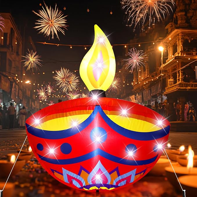 VIHOSE 4.27 ft Happy Diwali Inflatables Outdoor Decorations Diyas Oil Lamp Blow up Yard Decor Tea Light Style Indian Diwali with Built in LED Lights for Hindu Party Deepavali Home Garden Yard Lawn