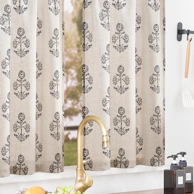 jinchan Linen Kitchen Curtains 24 Inch Floral Tier Curtains Farmhouse Cottage Core Flax Cafe Rod Pocket Country Small Window Drapes for Laundry Room Bathroom RV 2 Panels Black on Beige