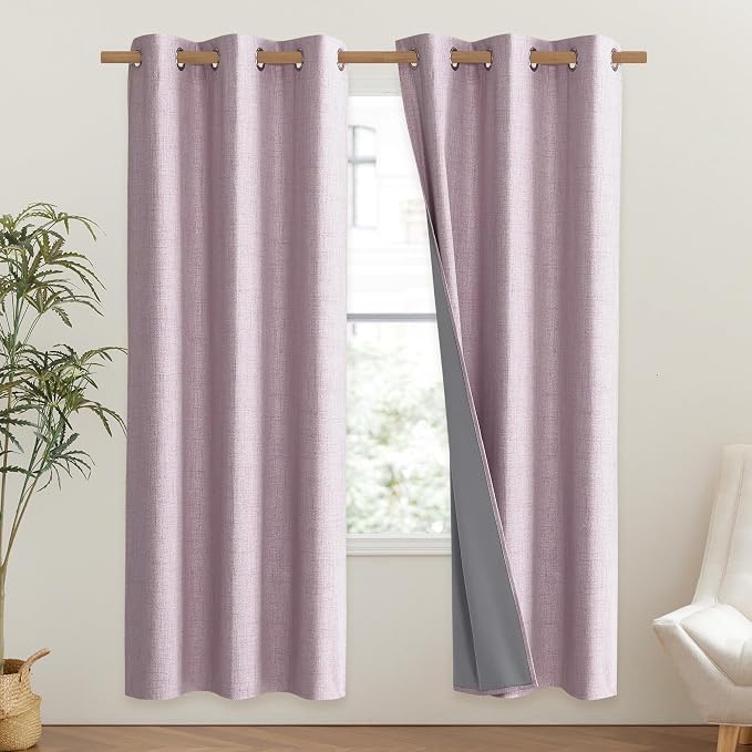 NICETOWN Pink Vintage Linen 100% Blackout Curtains for Classroom, Thermal Insulated Curtains 72" Long, Noise Reducing Window Treatment Drapes for Gym Room, 42" Wide Per Panel, Set of 2