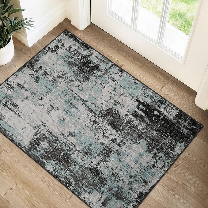 RELEANY Washable Area Rugs 2'x3' Non-Slip Modern Abstract Soft for Living Room Entryway Bedroom Kitchen, Print Pattern, Blue Black Teal