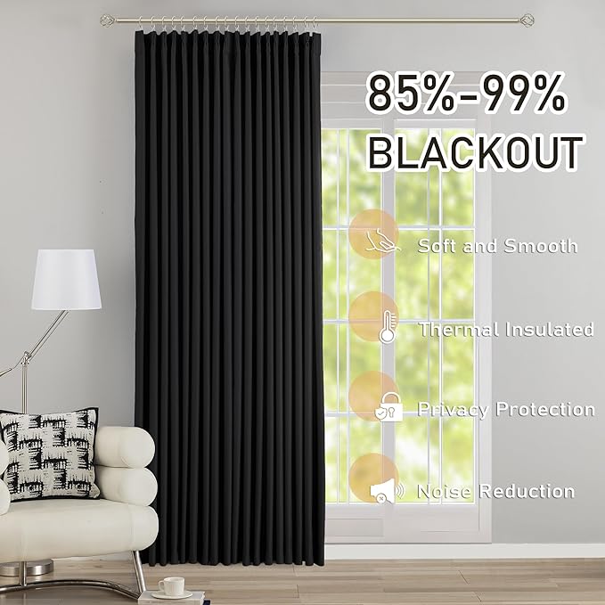 DONREN Black Pinch Pleated Blackout Curtains with Hooks - 132 inches Extra Long Room Darkening Thermal Insulated Window Curtain Panels for High Ceiling Living Room 2 Panel 40" Wx132 L