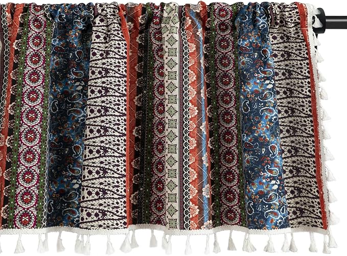 VOGOL Boho Valances for Living Room, 1 Panel Rod Pocket Geometric Printed Bohemian Valance with Stripes, Colorful Cotton Linen Short Curtain for Cafe, 59 x 18 Inches