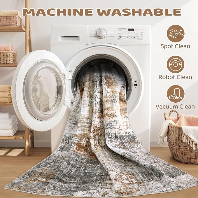 DMOYEST Square Area Rug Living Room Rugs - 5x5 Washable Large Soft Indoor Neutral Modern Abstract Low Pile Rug Carpet for Bedroom Dining Room Farmhouse Home Office - Grey Brown