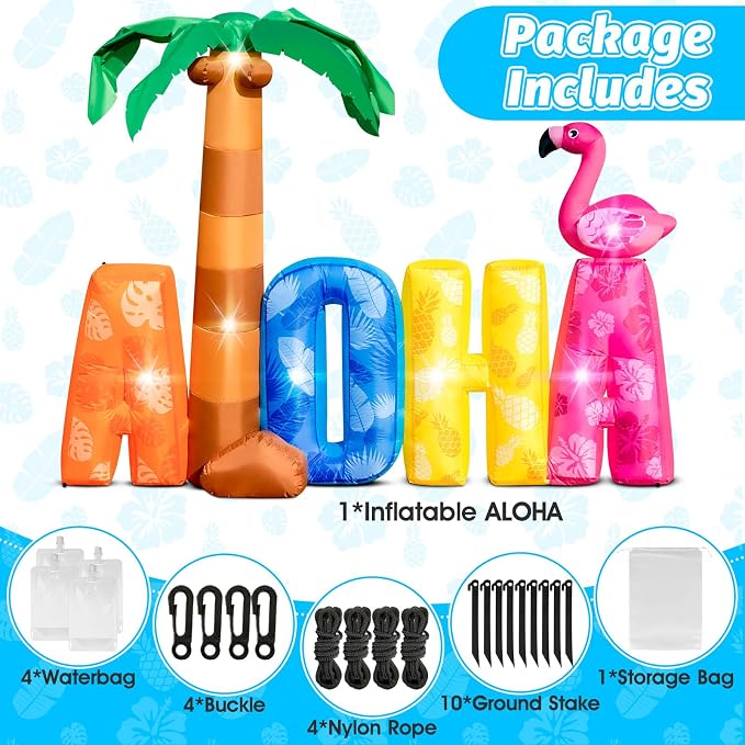 7FT Inflatable Aloha with Palm Tree Flamingo for Luau Party Decorations, Blow Up Aloha Sign Built-in 7 LED Lights for Summer Outdoor Decor, Hawaiian Beach Pool Yard Garden Birthday Photo Backdrop