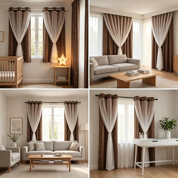 Kids Blackout Curtains for Bedroom/Living Room/Classroom, Sheer Overlay Small 2 Panel Set, Double Layer Curtains with Star Cutout for Kids Room(W 52 x L 45 Inches,Coffe 2 Pcs)