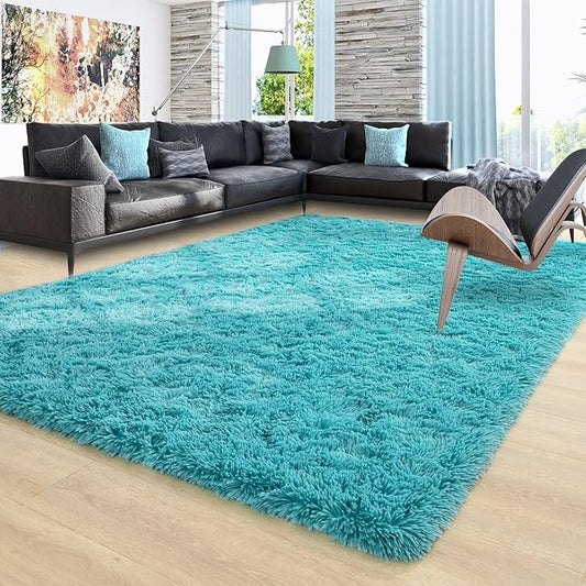 Ompaa Teal Blue 8x10 Feet Large Area Rugs Fluffy Living Room Carpet, Wall to Wall Big Shag Turquoise Rug for Bedroom Kids Playroom Classroom Nursery Home Office Decor