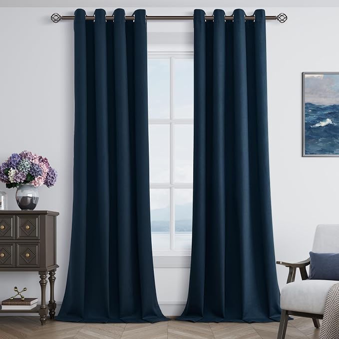 Jowels Retro Blue Linen Blackout Curtains 90 Length 2 Panels Set for Living Room Bedroom, 100% Black Out Thermal Insulated Linen Drapes, Room Darkening Grommet Curtains 90 Inches Long Retro Blue