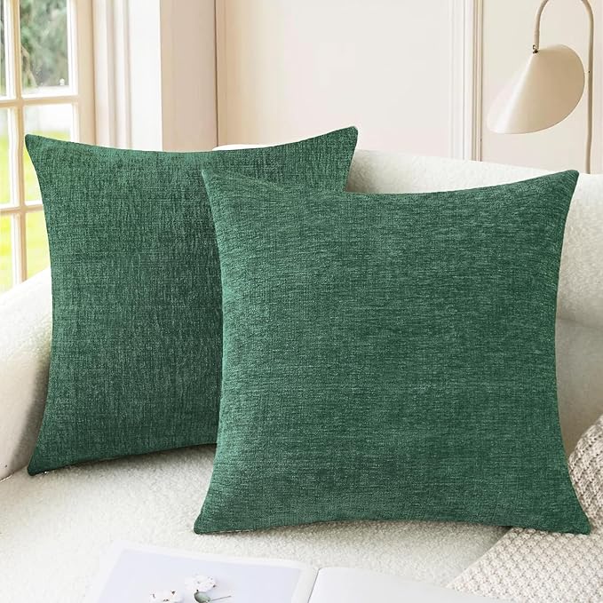 CaliTime Christmas Throw Pillow Covers Decorative 18 X 18 Inches Pack of 2 Cozy Chenille Cushion Cases for Couch Sofa Bed Living Room Home Dark Green