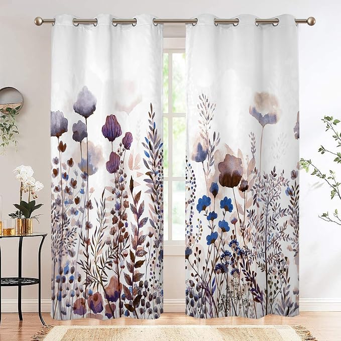 Renaiss Wild Flowers Blackout Curtains, Pastel Botanical Floral Print Thermal Insulated Bedroom Window Curtains, Nature Plants Window Curtains for Kitchen, 45" L x 29" W 2 Panel Set