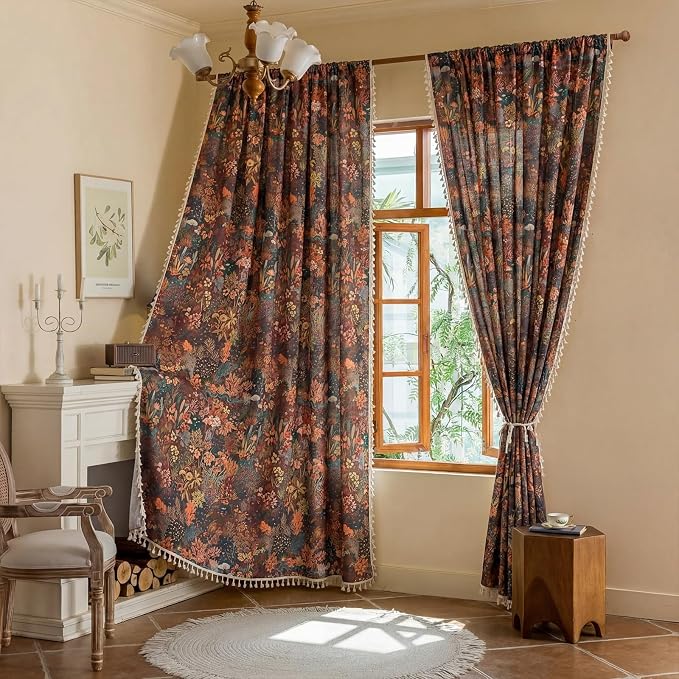 OYX Boho Floral Curtains 63 Inch, Linen Farmhouse Flower Drapes with Lace & Tassels, Light Filtering Semi Sheer Curtains for Living Room Bedroom, 2 Panels