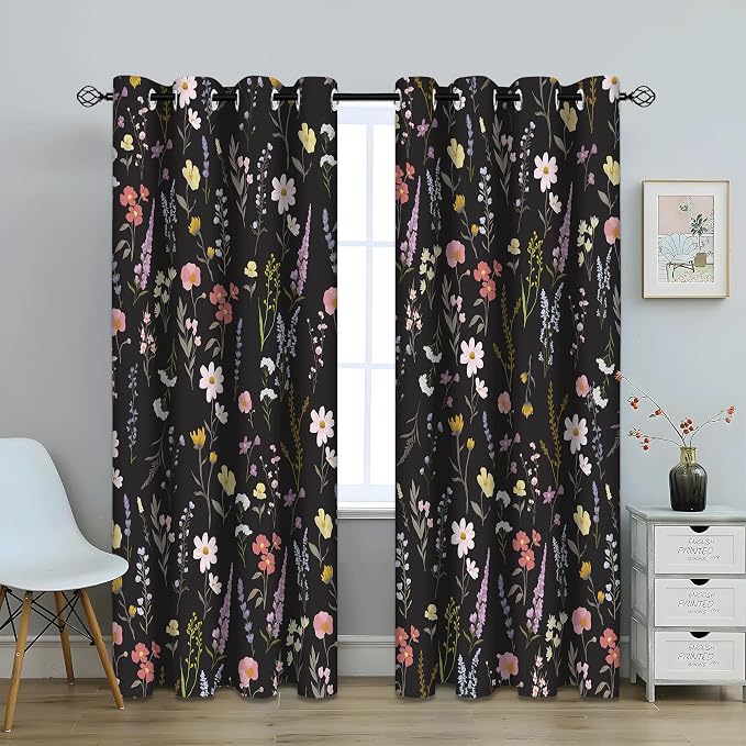 Boho Floral Blackout Curtain, Colorful Flower Leaves Nature Botanical Black Window Curtains Darkening Thermal Insulated Grommet Window Drapes for Living Room Bedroom Decor 2 Panels 52x84 Inches