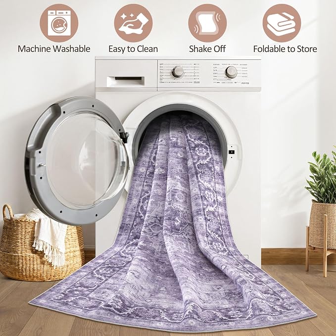 7x9 Area Rug Living Room: Washable Boho Large Neutral Vintage Soft Rug Stain Resistant Farmhouse Non-Slip Indoor Floor Carpet for Bedroom Nursery Kids Playroom Office Dining Room- Purple