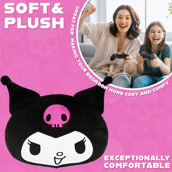 Hello Kitty Sanrio Plush Cushion Pillow, Plush Throw Pillow Fluffy Cushion Kawaii Decor Cinnamoroll Kuromi, Gifts for Teens, Women (Black Kuromi, L12.4 x W11)