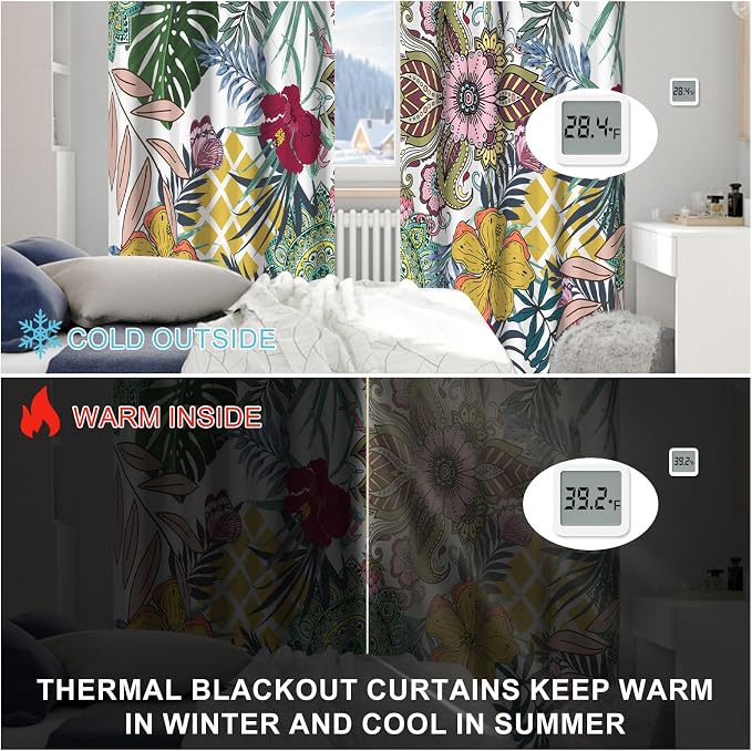 Black Out Curtains 84 Inch Long 2 Panels Set, Boho Pattern Blackout Curtains for Bedroom and Living Room, Bohemian Thermal Insulated Soundproof Grommet Room Darkening Drapes with Curtain Tiebacks